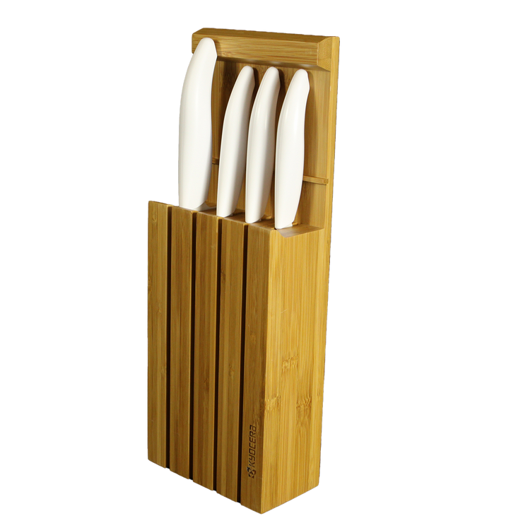 Bamboo Knife Block,  4 knives included (GEN WHITE series: Santoku Knife, Slicing Knife, Utility Knife, Paring Knife), dimensions: 34 x 12.3 x 6.6 cm